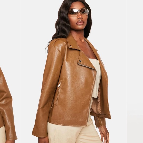 Caramel Brown Vegan Leather Jacket - Picture 2 of 4
